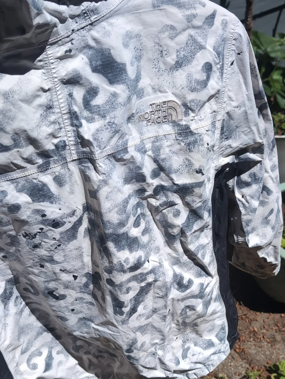Custom Gorpcore The North Face White and Gray Patterned Hooded Snow Rain Jacket